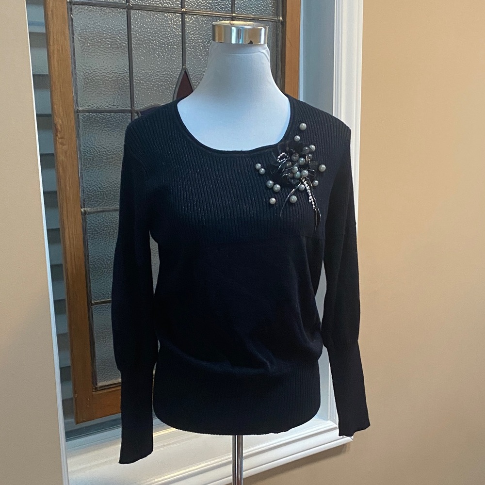 Black Sweater with Pearl Embellishment